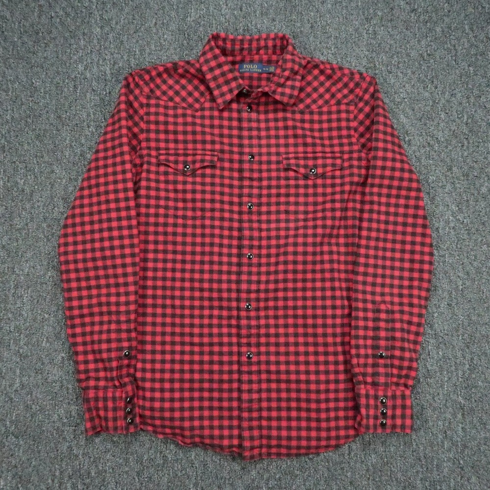 Polo Ralph Lauren Shirt Womens Medium Red Black Buffalo Plaid Western Pearl Snap